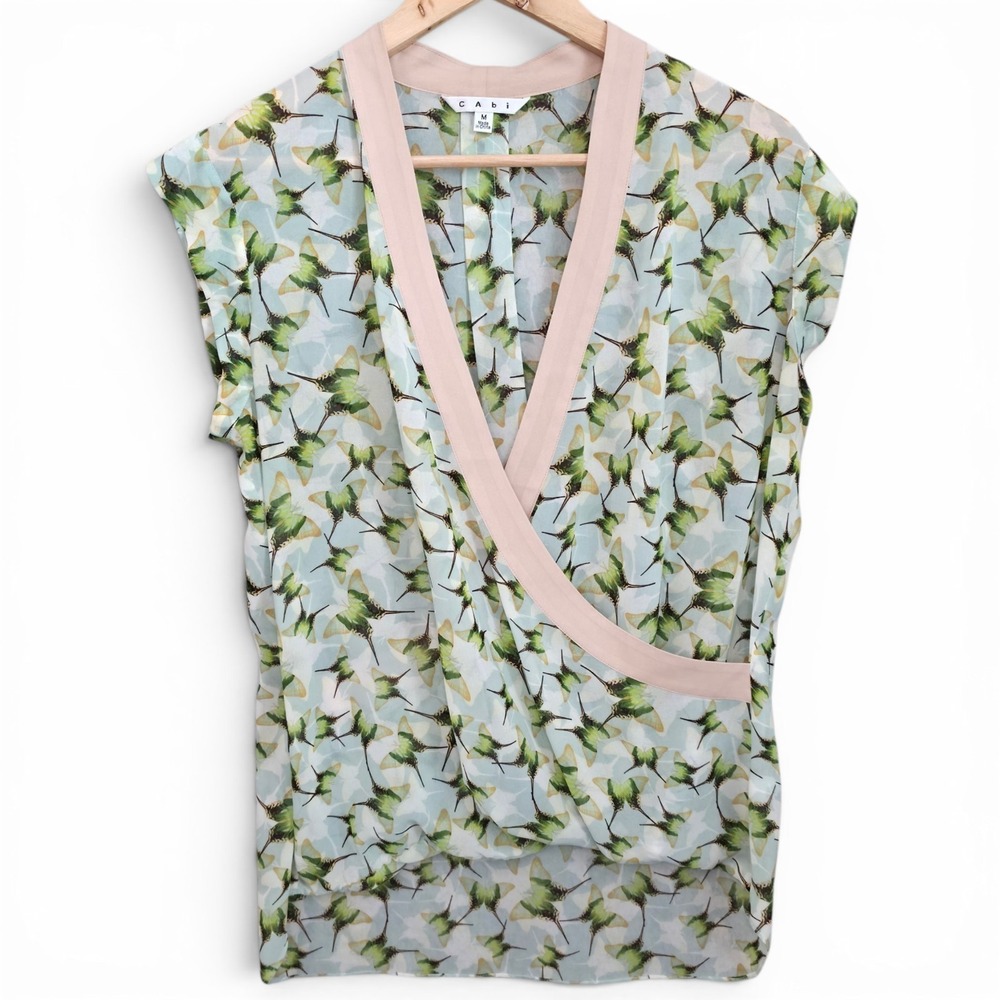 CAbi Top Womens Medium‎ Green Butterfly Print Surplice Neck Chiffon Sheer 234